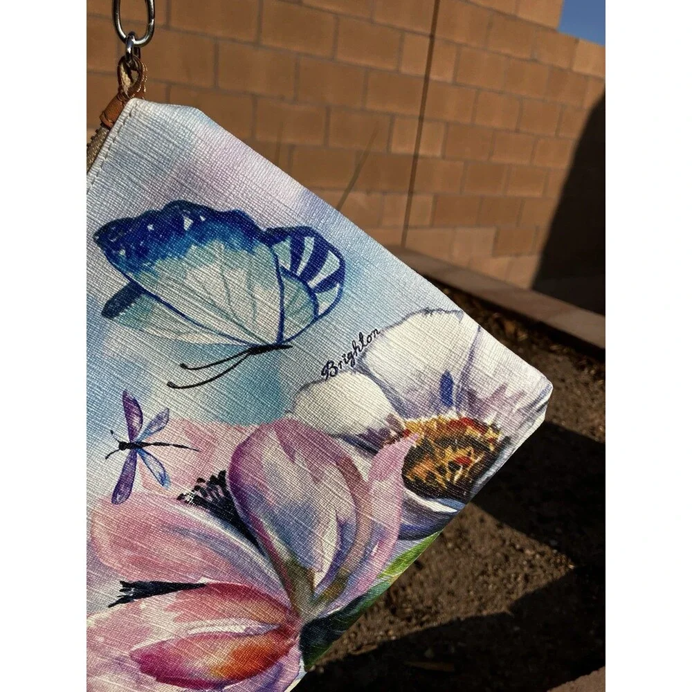 Brighton Belle Jardin Wristlet Clutch Purse Floral Butterfly Printed Leather